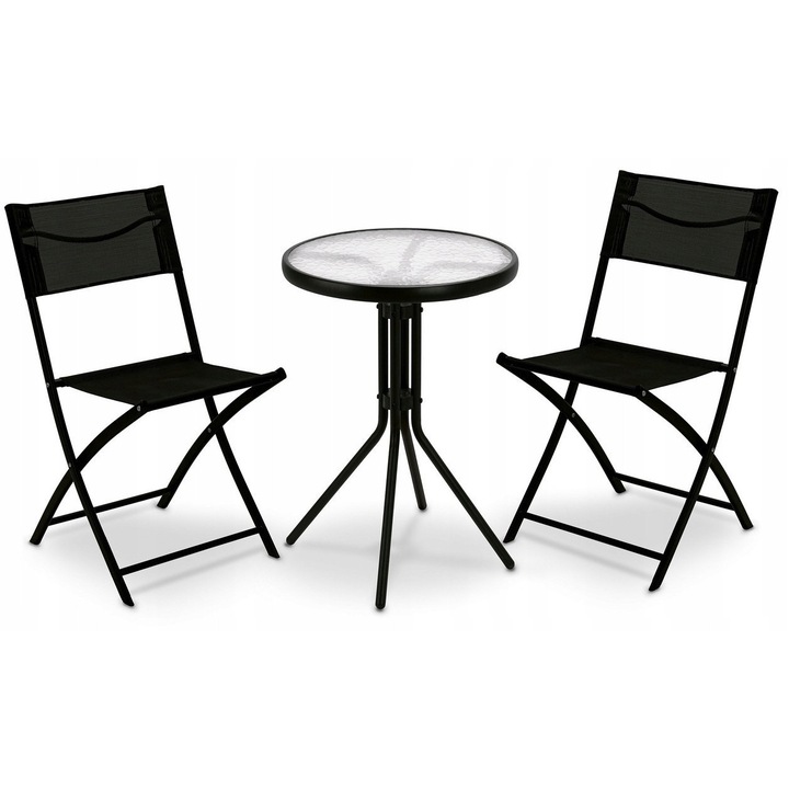 Set mobilier gradina, 3 piese, masa rotunda sticla 50cm si 2 scaune pliabile, negru