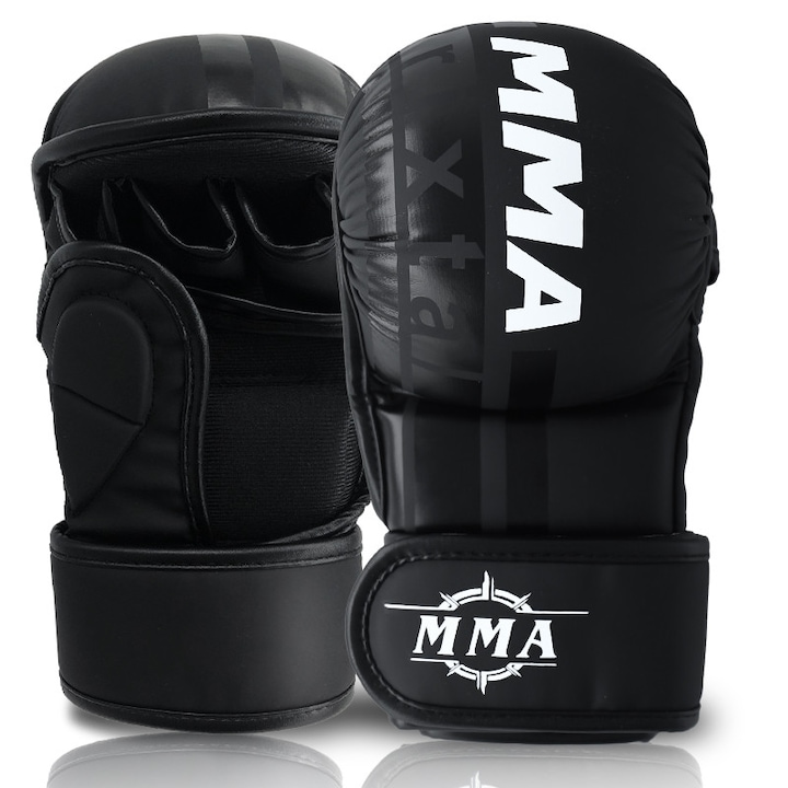 MMA kesztyű, M, PU bőr/Latex bélés, Kopásálló, izzadságelnyelő és légáteresztő, Tépőzáras és ergonomikus kialakítás, Könnyen felvehető és tisztítható, Fekete