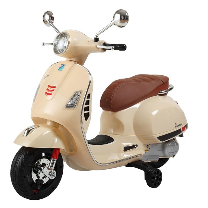 Електрически скутер Vespa, За деца от 3 до 6 г, До 30кг, LED светлини, USB, 6V, 30 W, 103x51x76см, Бежов