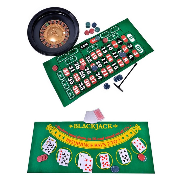 Комплект рулетка и блекджек, 2в1, Рулетка, Двустранна подложка, Тесте карти, 90 чипа, Зелен/Черен
