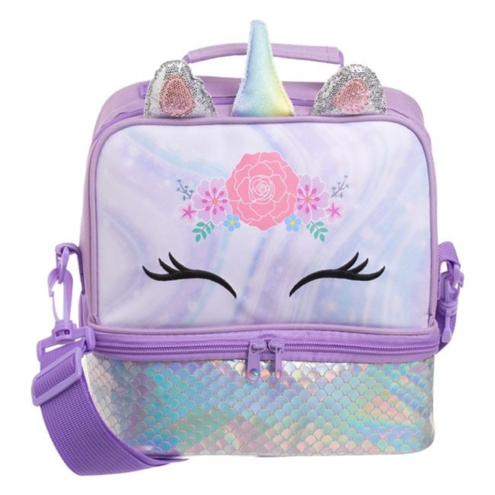 Geanta Pranz Termoizolanta Copii Fete Lila Unicorn 2 Compartimente Scoala Gradinita Excursii Bretea Reglabila