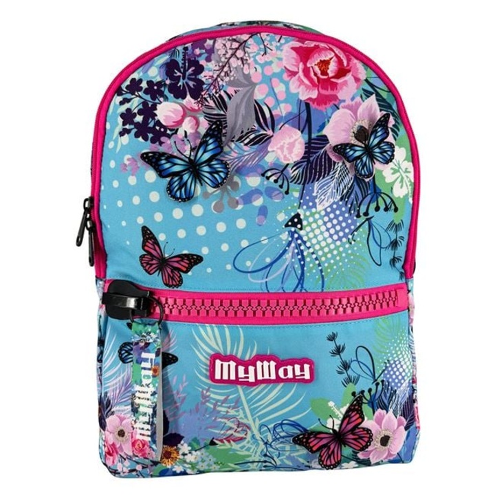 Ghiozdan scolar My Way, model 3D cu fluturi si flori, 30x19x44cm, multicolor