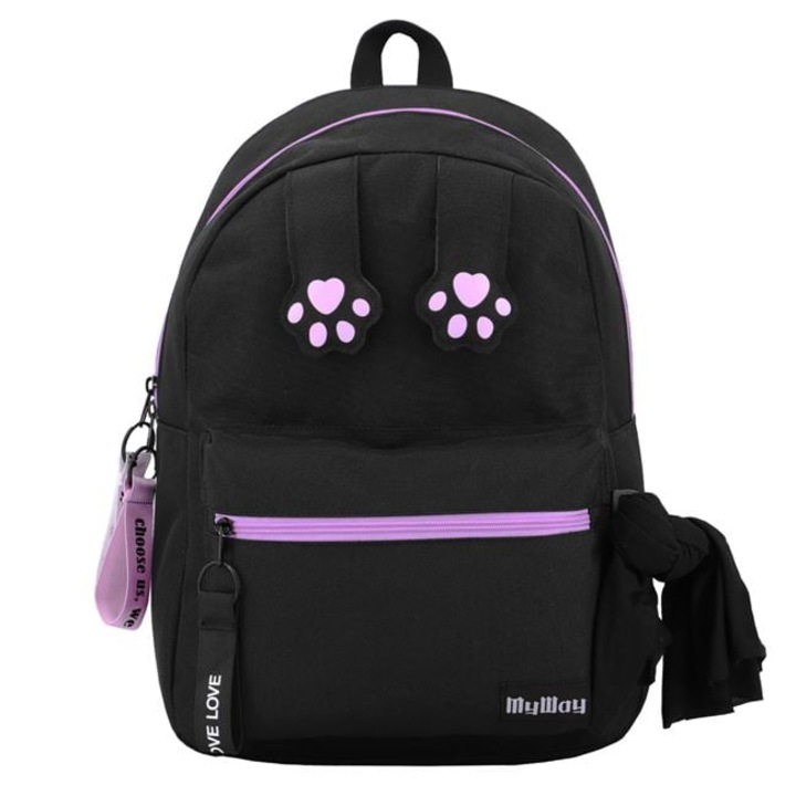 Fekete Hátizsák Lila Macskamancsok 5 Kulcstartóval és Fekete Kendővel - My Way