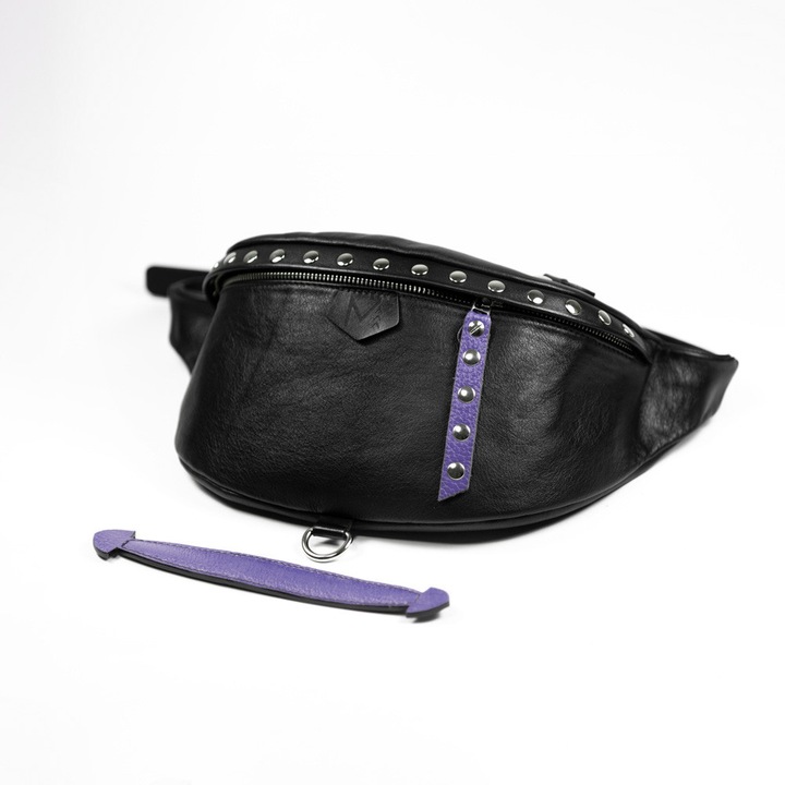 Geanta crossbody MOTORISTA Veleka, Piele naturala, Negru/Mov cu ochiuri de ochi