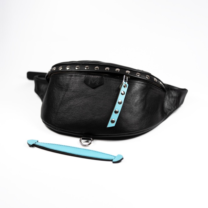 Geanta crossbody MOTORISTA Veleka, Piele naturala, Negru/Albastru deschis cu ochiuri de ochi