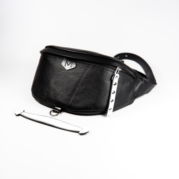 Geanta crossbody MOTORISTA Veleka, Piele naturala, Negru/Alb fara inele de inchidere