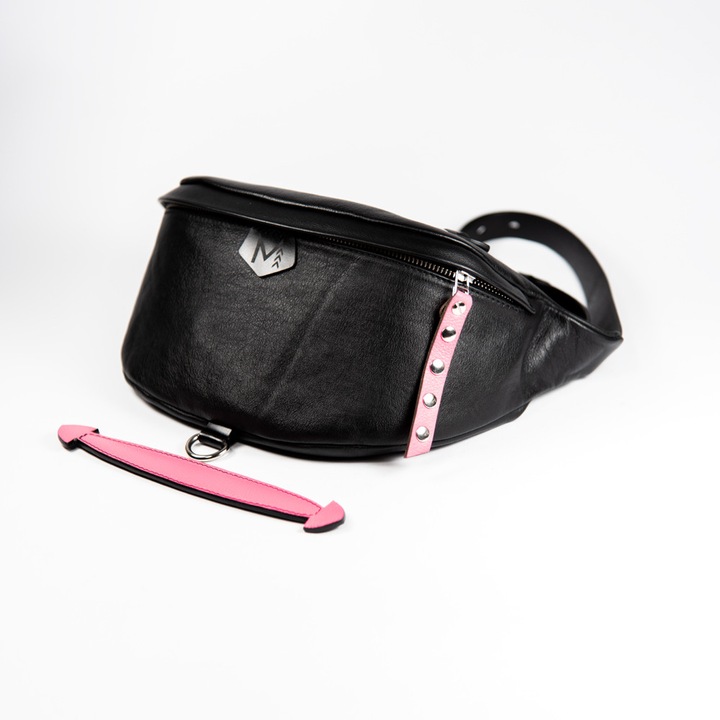Borseta MOTORISTA Veleka, Piele naturala, Negru/Roz fara ochiuri de ochi
