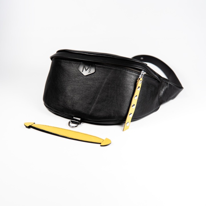 Geanta crossbody MOTORISTA Veleka, Piele naturala, Negru/Galben fara inele de inchidere