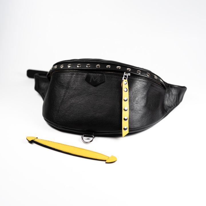 Geanta crossbody MOTORISTA Veleka, Piele naturala, Negru/Galben cu ochiuri de ochi