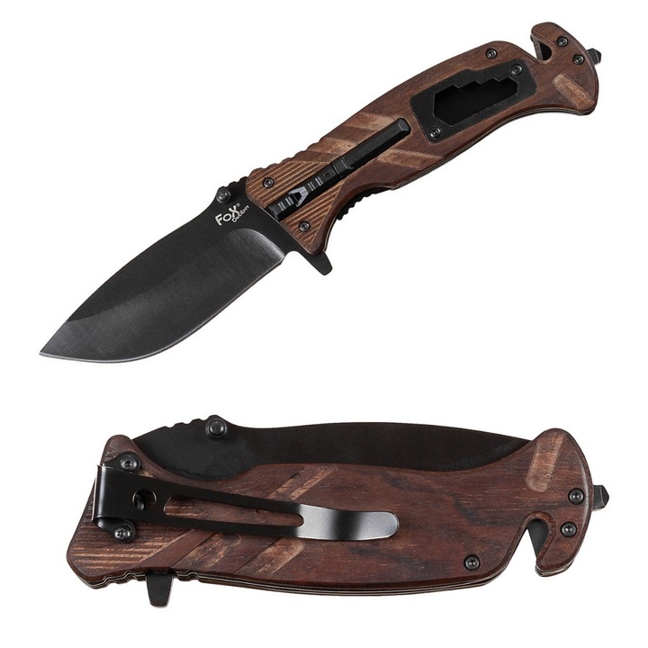 Cutit pliabil Max Fuchs AG, deschidere cu o mana, lama 9cm, rechoje din lemn, echipament de supravietuire