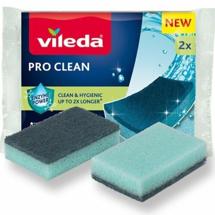 Burete de spalat Vileda Pro Clean set 2 bucati, 11x6x2,5cm, cu enzime naturale, capacitate de absorbtie mare