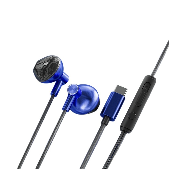 Casti cu fir, in-ear, tip C, albastru, design elegant, sunet de inalta fidelitate