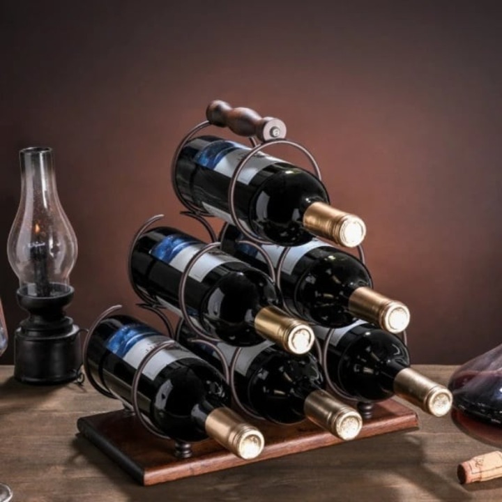 Suport pentru 6 sticle de vin, cu design modern, din lemn natural si otel, dimensiuni 32, 5x16x30 cm, maro