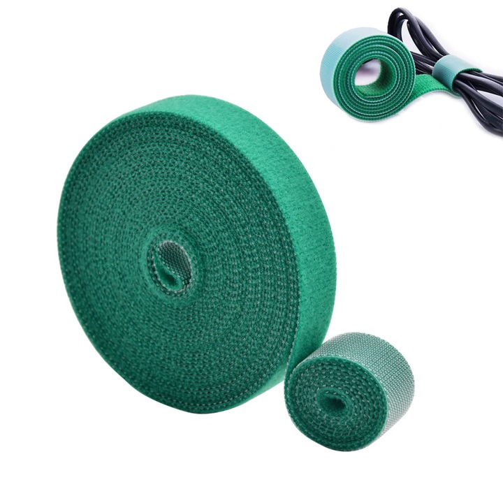 Banda velcro reglabila pentru cabluri, 5 m, verde