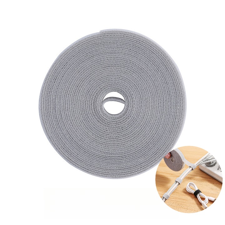 Регулируема велкро лента за кабели, 5 м, сива