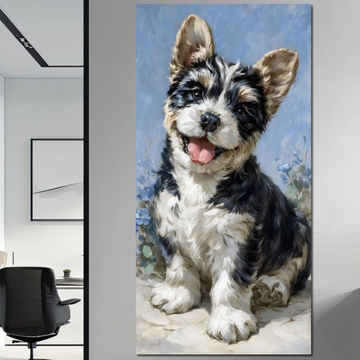 Tablou Canvas Premium, LuxCanva® M1276, Invitatie la Joaca, 50 X 100 CM, Panza Bumbac 100% 400g/m2, Sasiu Lemn, Zambet, Bucurie, Blanita, Prieten, Cuminte, Privire, Pictura, Flori, Catelus, Joaca, Birou, Living, Camera Copil