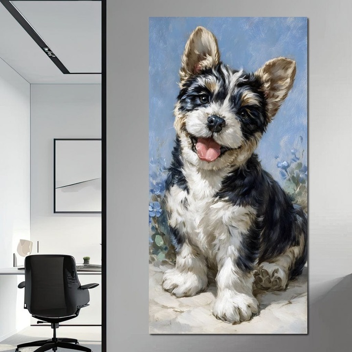 Премиум картина върху платно, LuxCanva® M1276, Покана за игра, 50 X 100 см, 100% памучно платно 400 г/м2, дървена рамка, Усмивка, Радост, Космато, Приятел, Доброта, Поглед, Картина, Цветя, Кученце, Игра, Офис, Хол, Детска стая