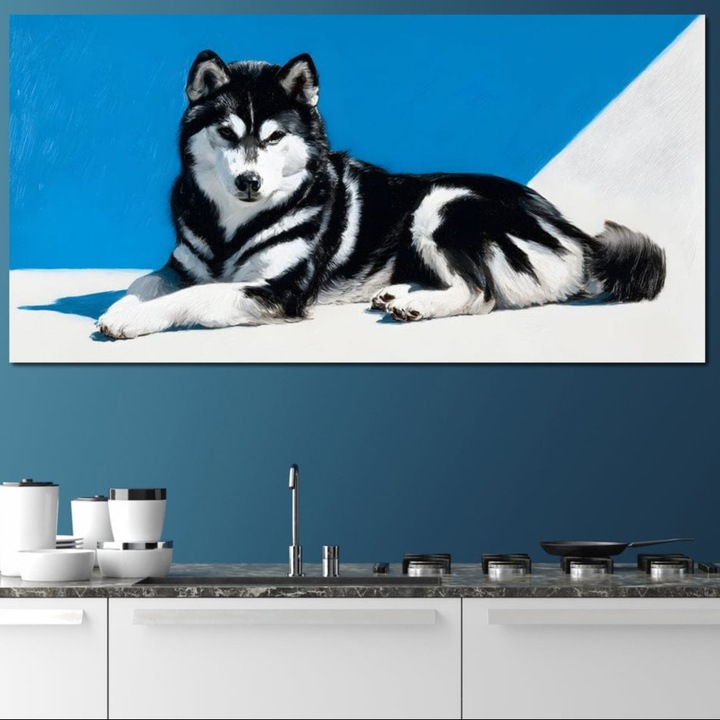 Tablou Canvas Premium, LuxCanva® M1278, Un Husky Blanos, 50 X 100 CM, Panza Bumbac 100% 400g/m2, Sasiu Lemn, Cuminte, Caine, Husky, Domestic, Nordic, Albastru, Relaxare, Lumina, Elegant, Frumos, Birou, Living, Camera Copil