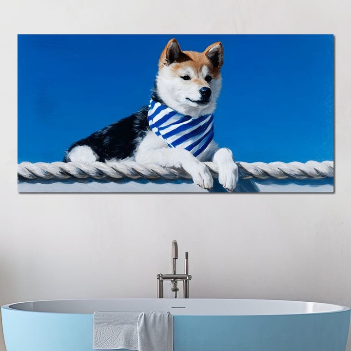 Премиум картина върху платно, LuxCanva® M1279, В океанския бриз, 60 X 120 см, 100% памучно платно 400 г/м2, дървена рамка, морски, моряк, шал, син, куче, шиба индианец, приключение, релаксация, въже, пътуване, пухкав, офис, хол, детска стая