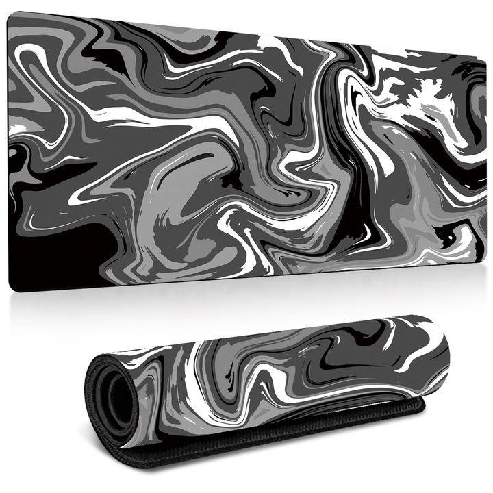 Mousepad gaming liquid AYSTOAYS®, Design creativ, Viteza de alunecare marita, Margine cusuta, baza antialunecare, Pentru Office/Gaming, Cauciuc, 90x40x0.3cm, alb-negru