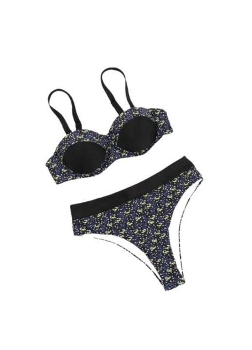 Costum de baie damă, floral, talie înaltă, XL, set două piese