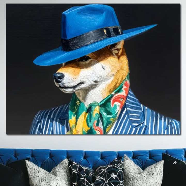 Tablou Canvas Premium, LuxCanva® M1282, Prieten Sub Acoperire, 45 X 60 CM, Panza Bumbac 100% 400g/m2, Sasiu Lemn, Caine, Costum, Retro, Elegant, Palarie, Esarfa, Moda, Stil, Pictura, Dungi, Birou, Living, Camera Copil
