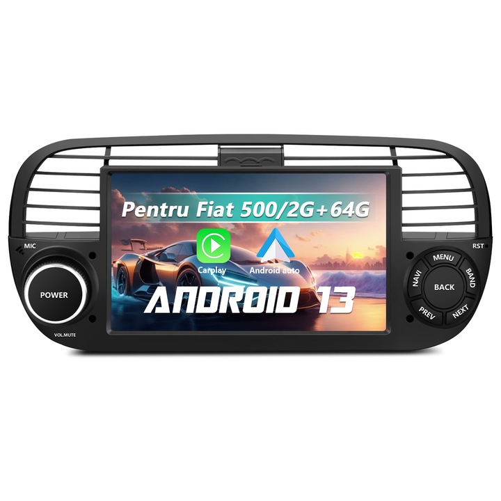 AWESAFE Multimédia Rendszer, Fiat 500 2007-2015-höz, Android 13 rendszer, 2G+64G, Carplay, Android Auto, GPS navigáció, Bluetooth, Wifi, kormánykerék vezérlés, USB, SD, 7 hüvelykes érintőképernyő, FM rádió, fekete