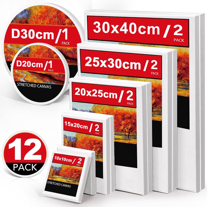 Set 12 Panze Pentru Pictura, Morovan, Rezistenta la decolorare si deteriorare, Durabile, Nu este usor de deformat, Hartie reciclata fara acid, Pentru profesionisti, pictori pasionati, studenti si copii, 30x40cm/25x30cm/20x25cm/15x20cm/10x10cm, Alb