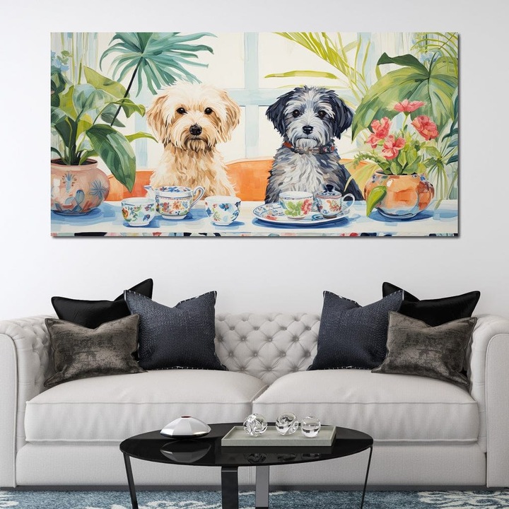 Премиум картина върху платно, LuxCanva® M1283, Почивка за чай, 60 X 120 см, 100% памучно платно 400 г/м2, дървена рамка, прибори за хранене, порцелан, кучета, пухкави, цветя, чаша, маса, чай, приятелство, среща, забавно, офис, хол, детска стая