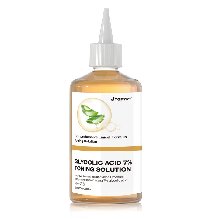 Тоник за лице, с гликолова киселина 7%, 100 мл, ексфолиант за лице, хидратиращ, за разширени пори, решение за пъпки и акне