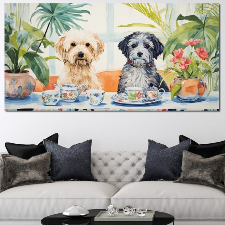 Tablou Canvas Premium, LuxCanva® M1283, Pauza de Ceai, 70 X 140 CM, Panza Bumbac 100% 400g/m2, Sasiu Lemn, Vesela, Portelan, Catei, Blanosi, Flori, Ceasca, Masa, Ceai, Prietenie, Intalnire, Amuzant, Birou, Living, Camera Copil