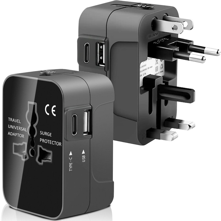 ZAFIT® Захранващ адаптер и зарядно за Великобритания/САЩ/ЕС/Австралия/Азия, AC контакт + 2 × USB 5V/2.1A, Безопасност за деца, Множество защити, Огнеупорен корпус, Универсален, Черен