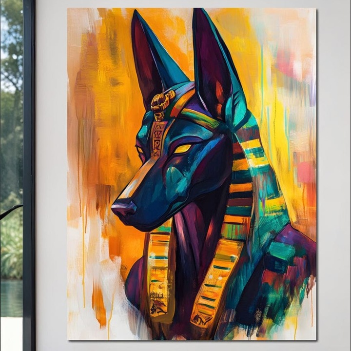 Картина върху платно LuxCanva M1284, Портрет на Анубис, 75 X 100 см, 100% памучно платно 400 г/м2, дървена рамка, Египет, Митология, Бог, Анубис, Йероглифи, Свещенство, Храм, Култура, Античност, Офис, Хол, Детска стая
