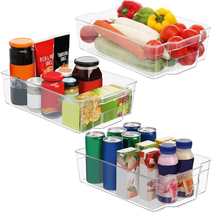 Set 3 Organizatoare, Kurtzy, 32, 5 x 21 x 9 cm, din plastic fara BPA, pentru alimente, frigider, casa, Trasparent