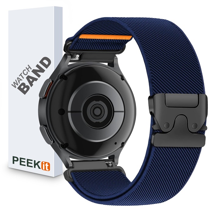 Sötétkék nejlon rugalmas szíj Samsung Galaxy Watch 7/6/5/4/FE okosórához, 20 mm, ejtőernyős csat, kompatibilis a Watch 6 Classic 47 mm/43 mm, 5 Pro 45 mm, Active 2, Gear S2 okosórákkal – férfiaknak és nőknek, sötétkék