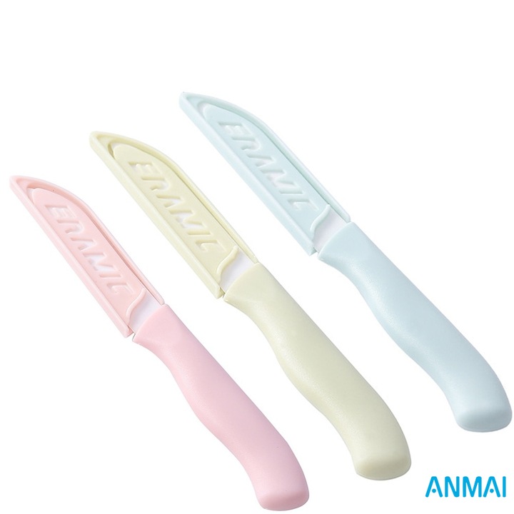 Set 3 bucati cutit pentru fructe si legume, Anmai, din ceramica, portabil, lama 80mm, multicolor