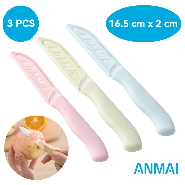 Set 3 Cutite Ceramice pentru Fructe si Legume Anmai, Lama de 8 cm, Portabile si Ergonomice, Maner Antiderapant, Design Multicolor