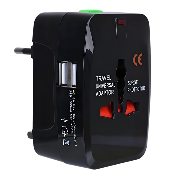 Adaptor universal priza, Beeherb®, 2 x USB, 1 x AC, compatibil cu Europa / SUA / Marea Britanie / Australia / China / Thailanda / Japonia, Caracasa din plastic retardant la flacari, cupru, cu sac de depozitare, Negru