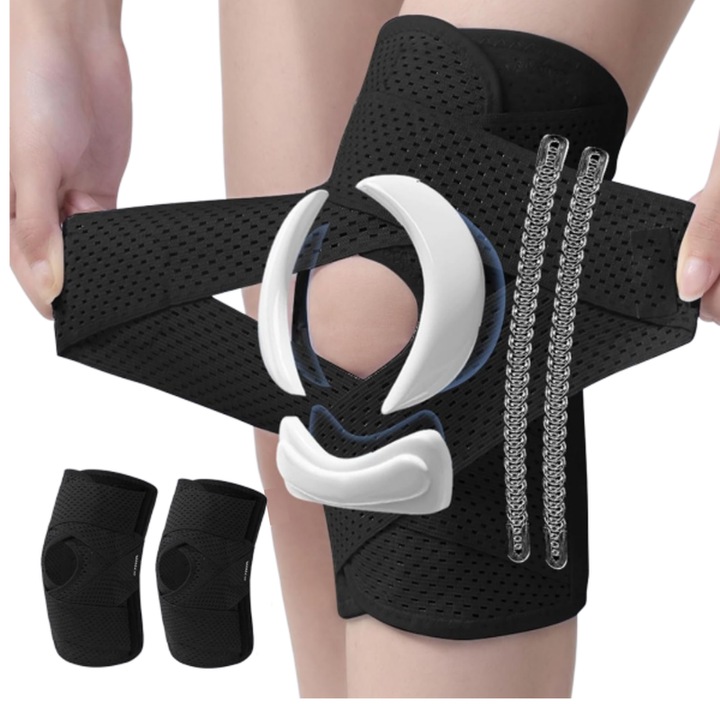 Genunchiera, dimensiune universala, 2 bucati, MzcrJosv®, stabilizator medical pentru genunchi, inel de gel si 4 atele elastice, Negru