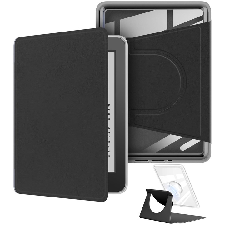 Калъф 360, за Kindle Paperwhite 7 инча (12-то поколение - версия 2024), разглобяем магнитен дизайн, регулируема стойка, прозрачен гръб с функция за автоматично събуждане/заспиване, черен