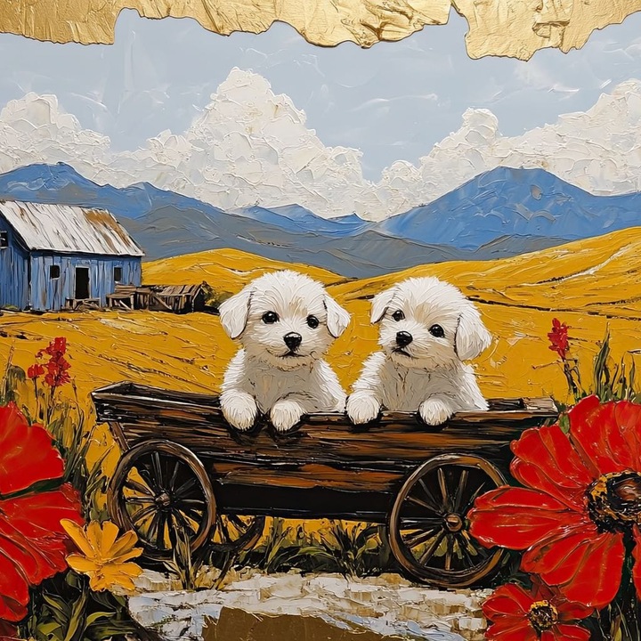 Картина върху платно, LuxCanva® M1285, Приятелство сред макове, 70 X 100 CM, 100% памучно платно 400g/m2, дървена рамка, кучета, лято, количка, сезон, злато, цветя, макове, пейзаж, плевня, игра, хълмове, детство, офис, хол, детска стая