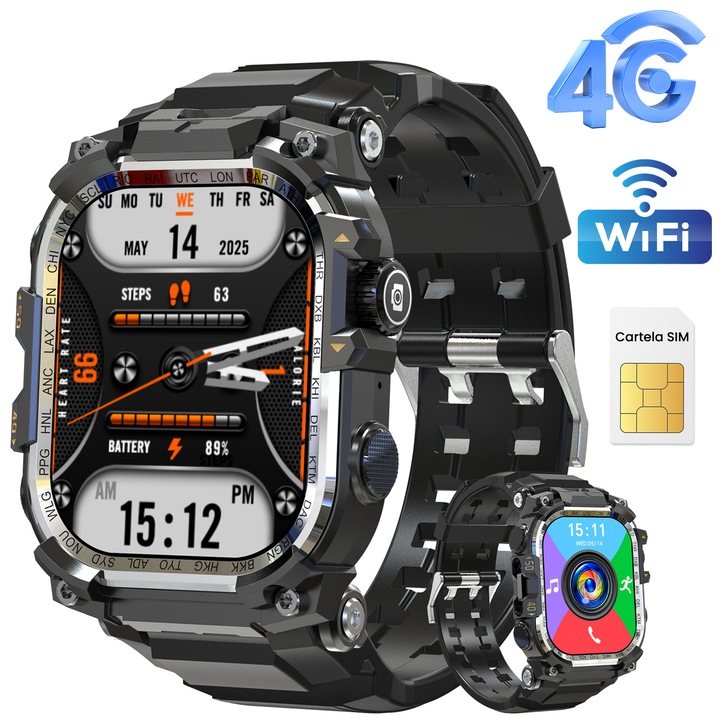 Смарт часовник 4G Android, Hwagol, WIFI, камера, GPS навигация, измерване на пулса, 2.06-инчов AMOLED екран, SMS разговори, брояч на крачки, мултиспорт режим, SIM карта, Bluetooth 4.2, наблюдение на съня, 930mAh, черен