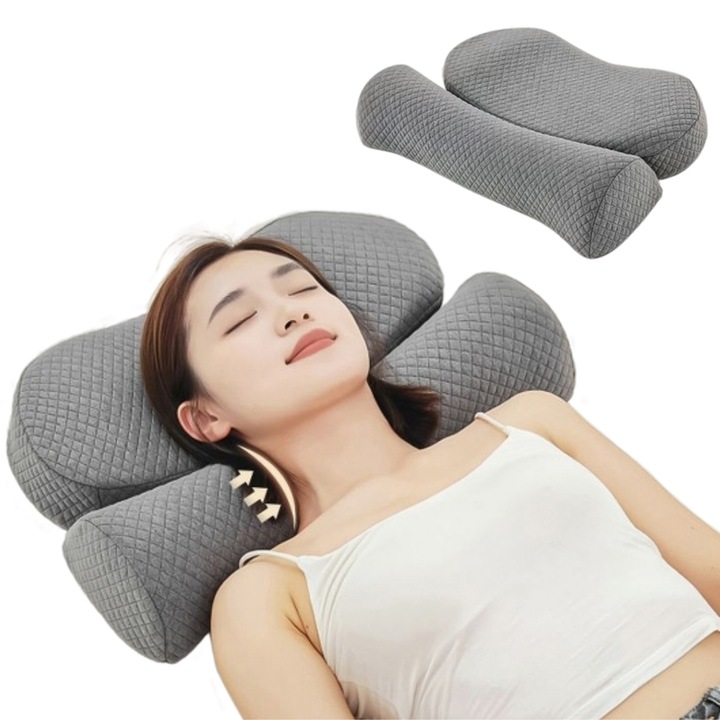 Perna pentru relaxare cervicala si corectarea posturii, MzcrJosv®, dispozitiv chiropractic pentru gat si umeri, Spuma Memorie, Contur Ergonomic, 51X33x10cm, Gri