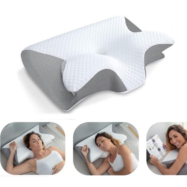 Perna Cervicala din Spuma cu memorie, MzcrJosv®, Perna Ortopedica Cervicala pentru dormit, fortopedica si ergonomica, Pentru dormit pe spate, lateral sau burta, oate fi folosit pentru sustinerea gatului si a gatului, 62X37x12cm, gri/alb