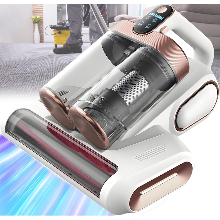 Прахосмукачка UV, безжична стерилизация против акари, ултразвуково почистване, премахване на прах и стерилизация на животински косми, диван, легло, възглавница, мощно засмукване и нисък шум, мощност 120w, капацитет на батерията 1800AH, мощност 5g, бял