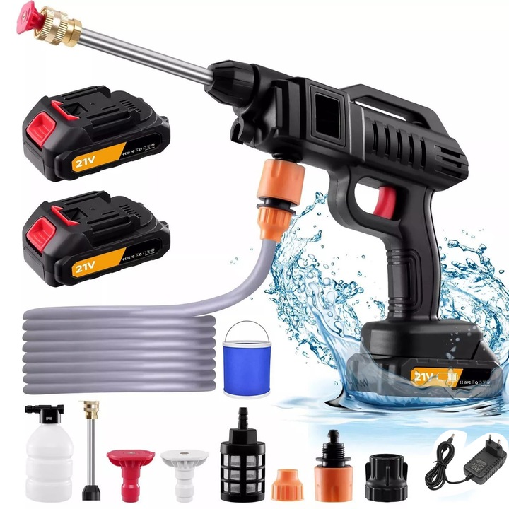 Pistol cu apa de inalta presiune pentru spalatorie auto, 300W 21V, 5m furtun de apa, 2 baterii, 9 accesorii, Filtru si Duze incluse, Potrivit pentru masina, gradina si casa, Negru/Rosu