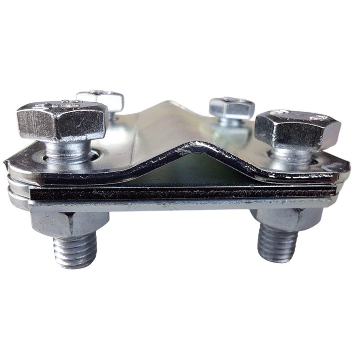 Piesa de legatura 58x58mm in cruce, platbanda (30mm) si conductor Ø 8-12mm, clema galvanizata (FeZn) cu 4 suruburi M8x25