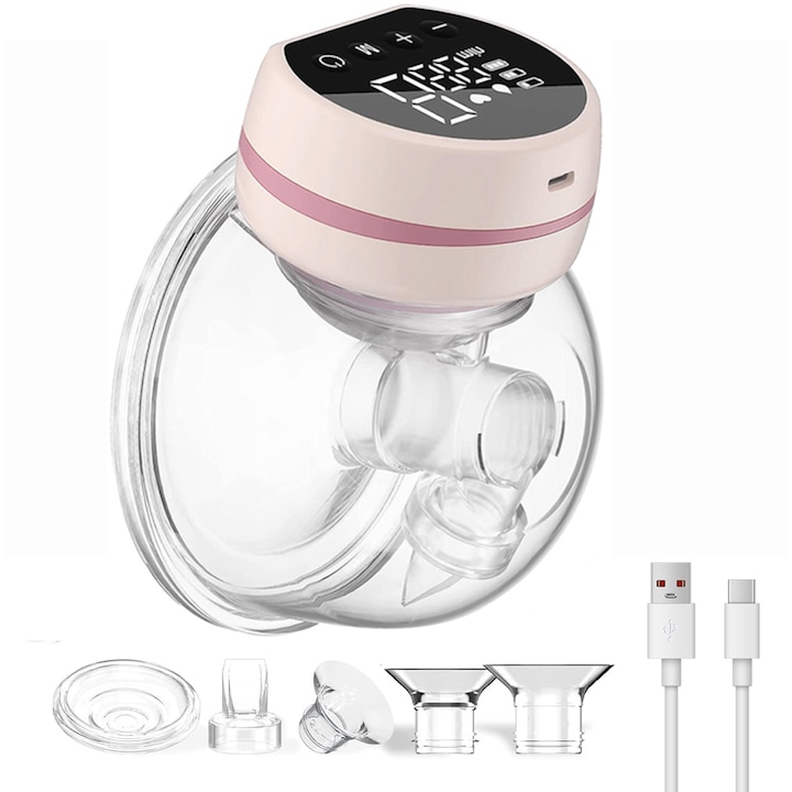 Преносима електрическа помпа за кърма, Bolongking®, без BPA, Антирефлукс, Нисък шум, Капацитет 180мл, LED дисплей, Акумулаторна, USB-C, 3 режима на масаж и 12 нива на засмукване, Розов