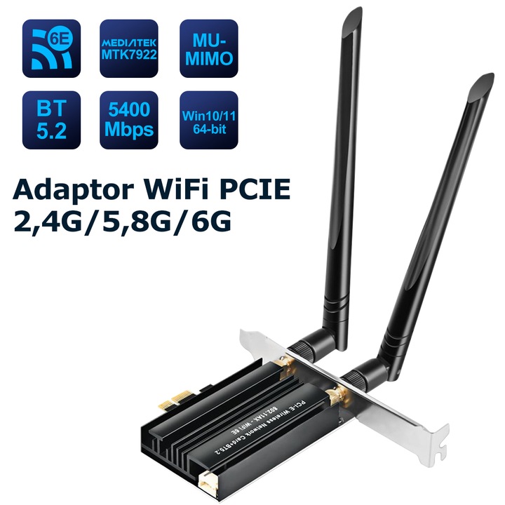Безжична мрежова карта, SDLOGAL, Bluetooth 5.2, Wi-Fi 6, PCIe, за компютър 5400 Mbps, 2 Wi-Fi антени, с MU-MIMO, съвместима с Windows 11/10 (64 бита), черна
