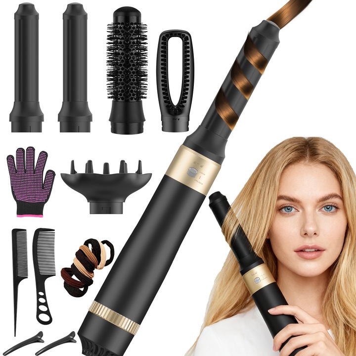 Perie electrica de par pentru volum 5 in 1 DEWINNER, cu turmalina ceramica, ionizare negativa, uscare 360° si stilizare, 3 setari de temperatura cu aer cald, Set cu Manusa de protectie, Negru